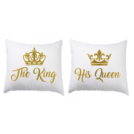 ZESTAW 2 PODUSZEK DLA PAR ZAKOCHANYCH WALENTYNKI WZÓR THE KING HIS QUEEN