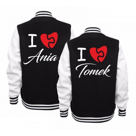BLUZY BASEBALL DLA PAR ZAKOCHANYCH WZÓR Z IMIONAMI I LOVE
