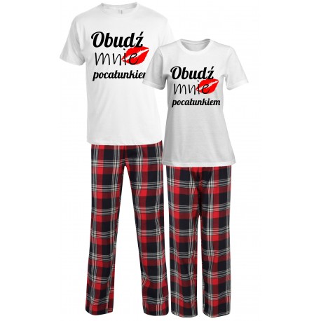 OBUDŹ MNIE POCAŁUNKIEM ZESTAW PIŻAMY DLA PARY PREZENT NA WALENTYNKI