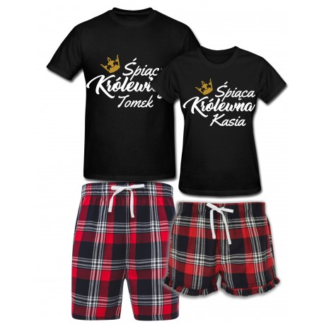 ŚPIĄCY KRÓLEWICZ I ŚPIĄCA KRÓLEWNA - ZESTAW KRÓTKICH PIŻAM DLA PARY PREZENT Z IMIONAMI