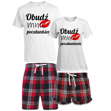 OBUDŹ MNIE POCAŁUNKIEM ZESTAW KRÓTKICH PIŻAM DLA PARY PREZENT NA WALENTYNKI