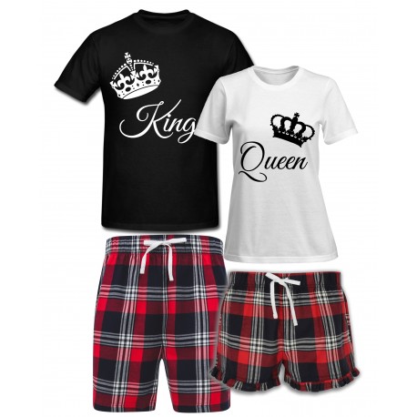 ZESTAW PIŻAM Z KRÓTKIMI SPODENKAMI DLA PARY ZAKOCHANYCH PREZENT NA WALENTYNKI KING QUEEN