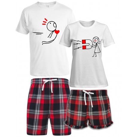 ZESTAW PIŻAM Z KRÓTKIMI SPODENKAMI DLA PARY ZAKOCHANYCH PREZENT NA WALENTYNKI MAGNES