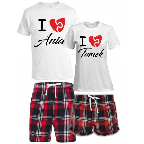 ZESTAW KRÓTKICH PIŻAM DLA PARY ZAKOCHANYCH PREZENT NA WALENTYNKI Z IMIONAMI I LOVE