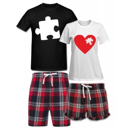 ZESTAW KRÓTKICH PIŻAM DLA PARY ZAKOCHANYCH PREZENT NA WALENTYNKI SERCE PUZZLE