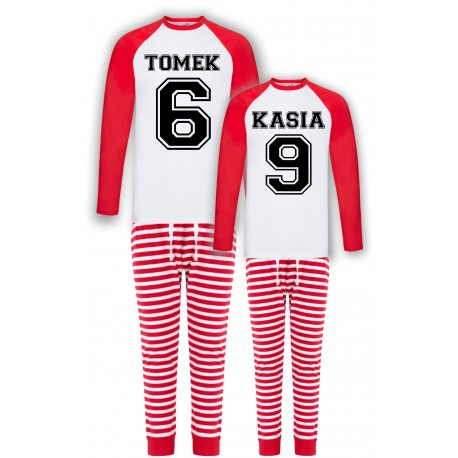 WZÓR Z IMIONAMI I NUMERAMI-ZESTAW PIŻAMY DLA PARY W PASKI PREZENT NA WALENTYNKI