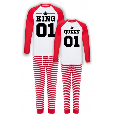 KING QUEEN Z NUMERAMI -ZESTAW PIŻAMY DLA PARY W PASKI PREZENT NA WALENTYNKI