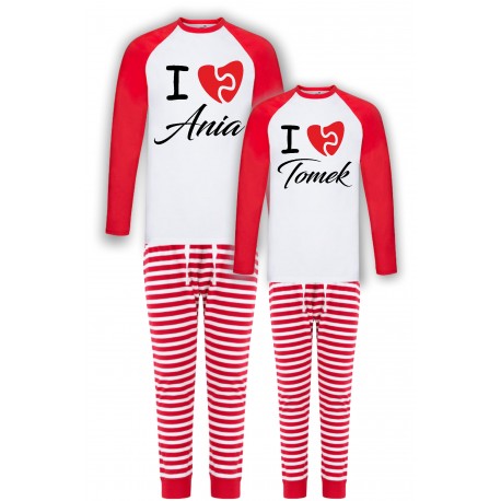 WZÓR Z IMIONAMI I love-ZESTAW PIŻAMY DLA PARY W PASKI PREZENT NA WALENTYNKI